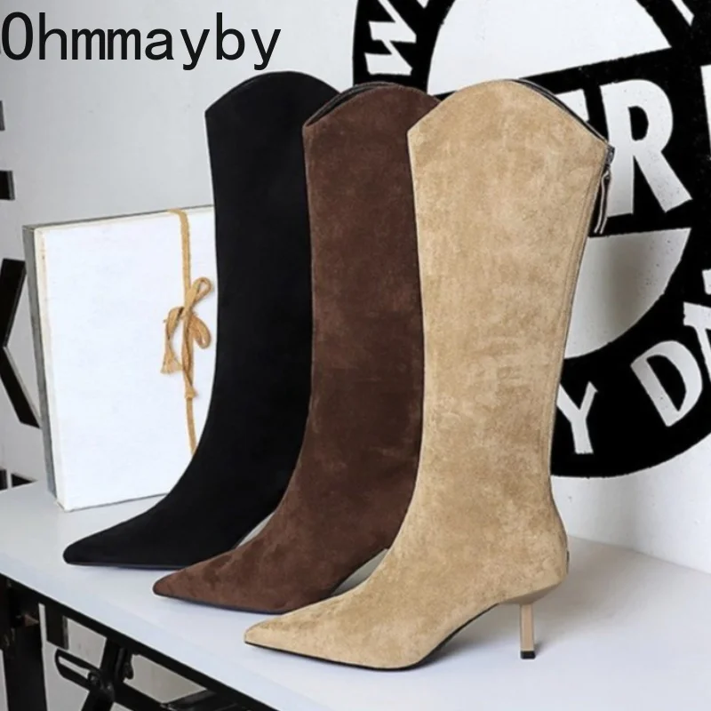 Women Pointed Toe Knee High Boots V Cut Suede Thin Heel Long Boots Ladies Back Zipper Fashion Slim High Heel Winter Boots