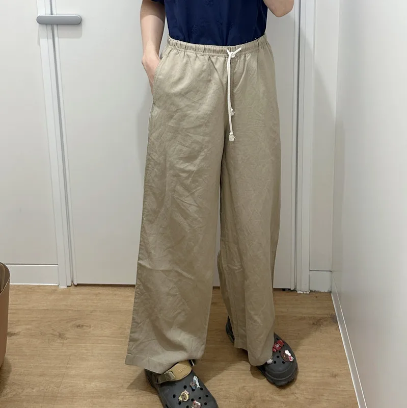 Comfortable Extended Length Casual Pants Women's Japanese Style Drawstring Waist Straight Leg Breathable Skin-Friendly