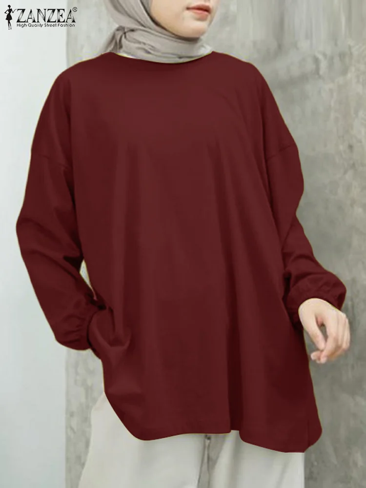 

ZANZEA Fashion Women O Neck Long Sleeve Muslim Abaya Tops Solid Dubai Turkey Work Blusas Casual Blouse Spring Loose Shirt Mujer