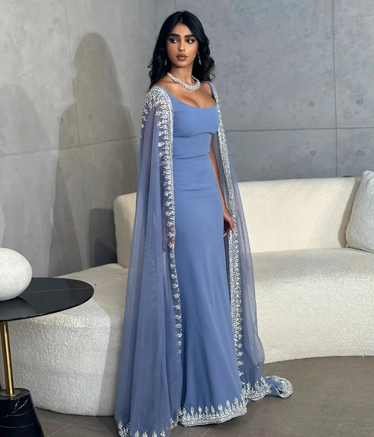 

Linyang Luxury Square Collar Prom Dress with Long Beaded Cape Sleeves Mermaid Elegant Saudi Women Formal Party Dresses