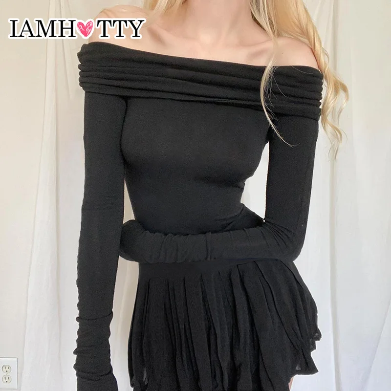 

IAMHOTTY High Street Sexy Basics Folds Turn-down Collar Slash Neck A-line Pleated Mini Dress Chic Elegant Slim Dresses Casual