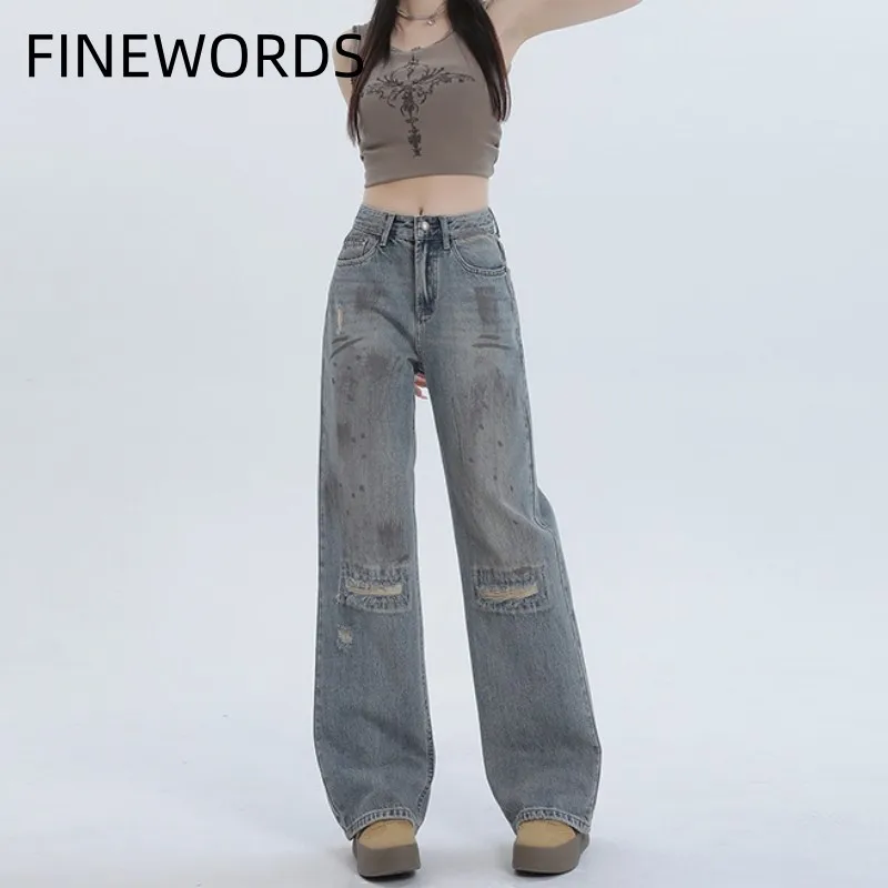 FINEWORDS Vintage High Waist Ripped Jeans Women Korean Casual Streetwear Harajuku Baggy Jeans Loose Washed Blue Denim Pants