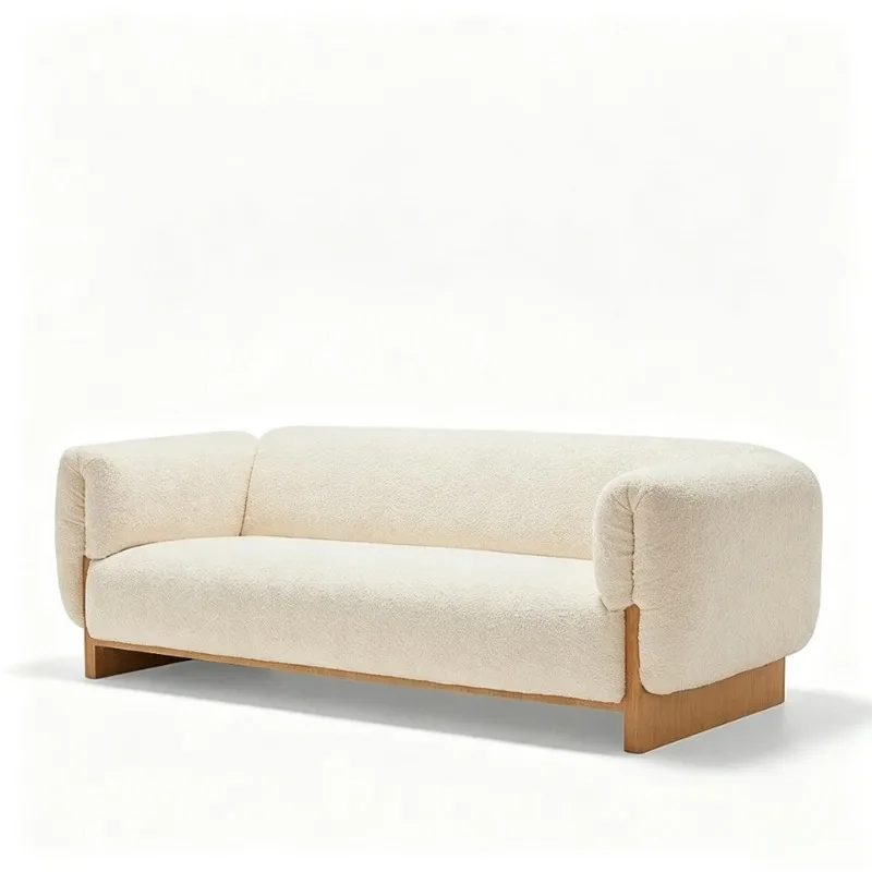 Simple, modern and atmospheric small apartment living room solid wood sofa, designer creative lamb wool cream wind sofa