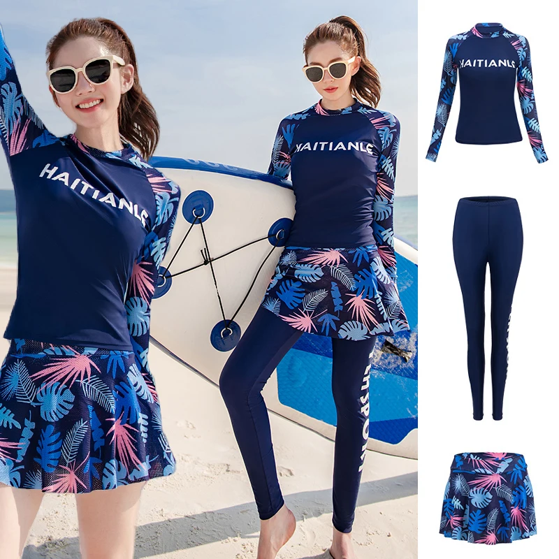 wisuwore 2023 Newest Women Swimming Suit Long Sleeves Long Pants Surfing Suit Print Rashguards 3 Pieces Summer Beach Wear