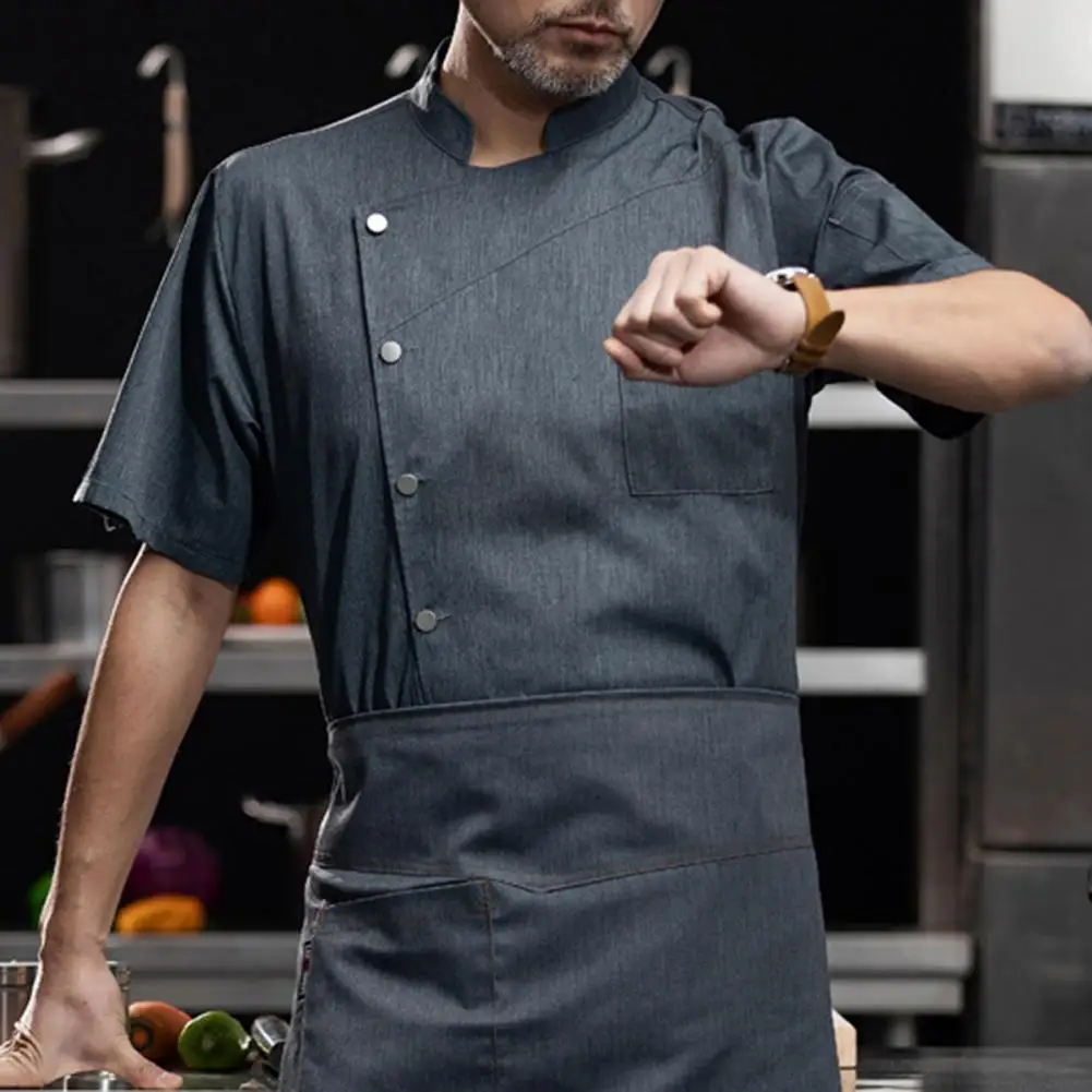 Chemise de chef à manches courtes, col montant, simple boutonnage, poche plaquée, uniforme de chef, restaurant Chamonix, vêtements de travail de cuisine, haut