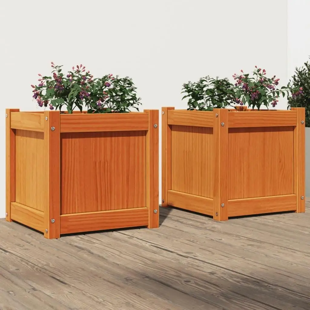 Set of 2 Waxed Brown Solid Pine Garden Planters for Outdoor Decor