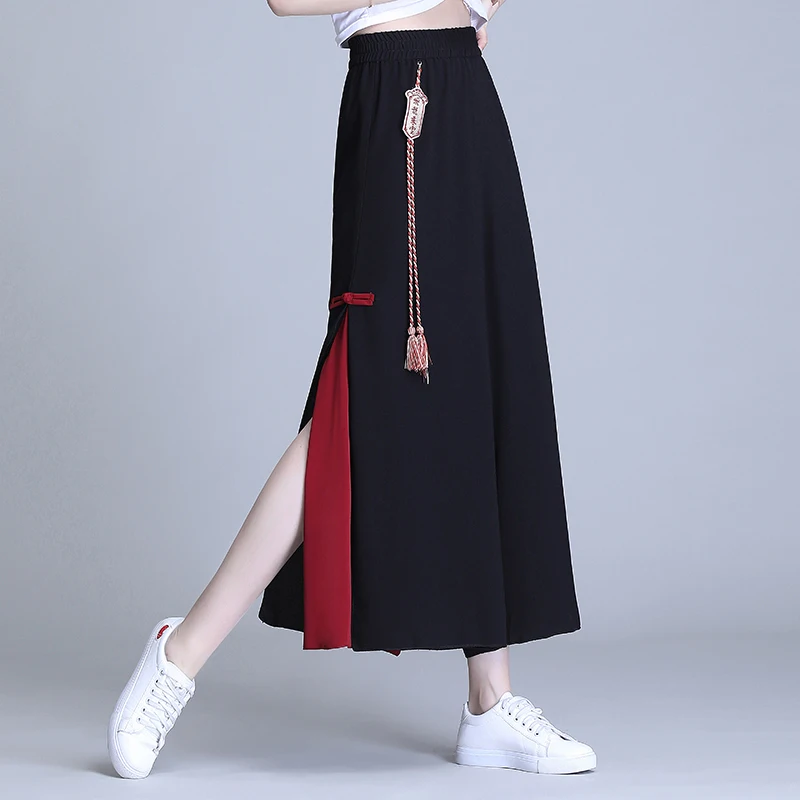 Chinese Style Women Embroidery Chiffon Pants Chic Kung Fu Pants Hippie Harajuku  Aesthetic Baggy Wide Leg Trousers  Kimono Pants