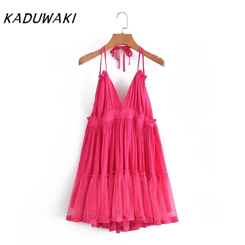 KADUWAKI Sexy Versátil Fino Camadas Malha Emenda Com Decote Em V Grande Backless Halter Robe Praia Vestido de Verão Ленее Плаikanе Больovahх Разukat