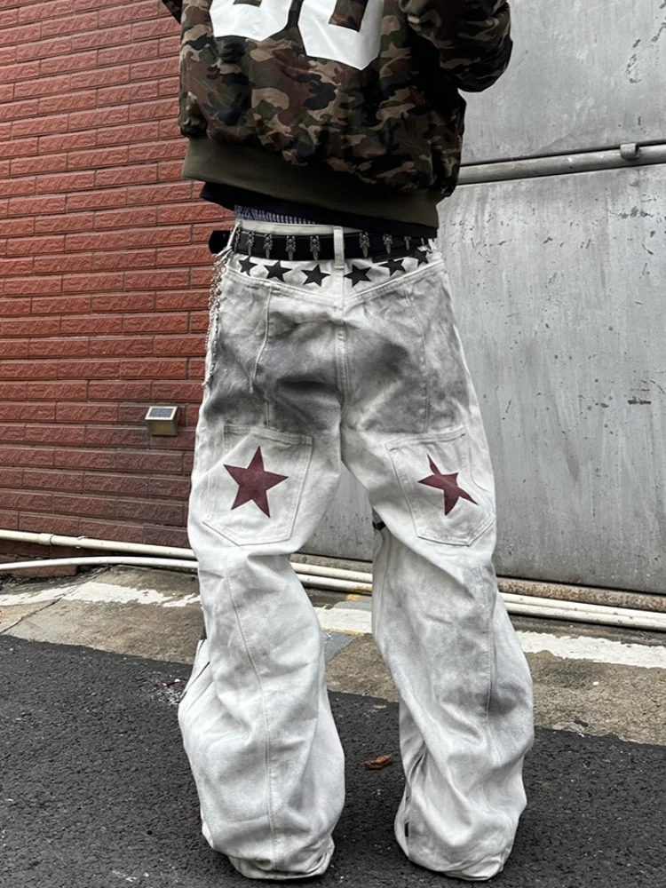 2026 American Retro Y2K Style Dirty Washed White Baggy Jeans Pants For Men Clothing Star Printed Straight Cotton Long Trousers view 2