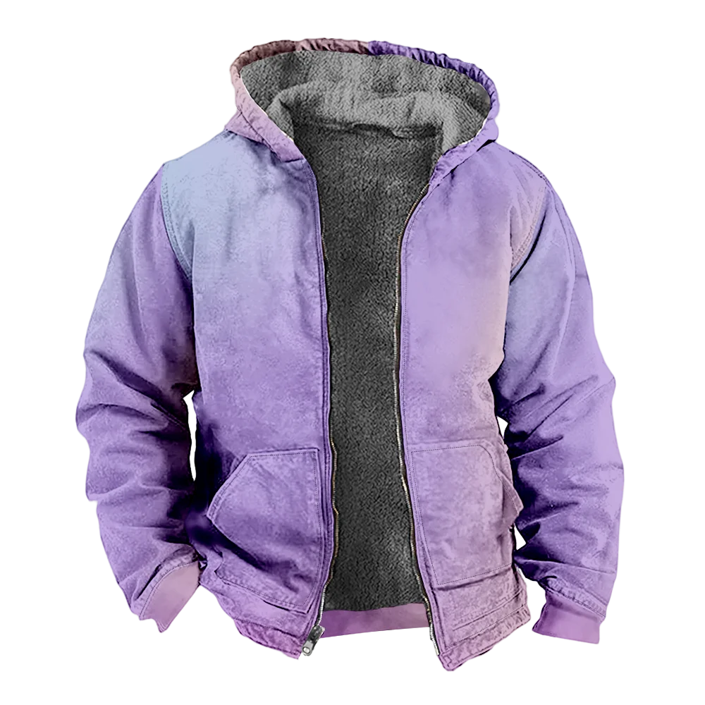 Men's Winter Jackets Coats,Purple Gradient Pattern Cotton Clothes Overcoat Hooded-collar Outdoor Traveling