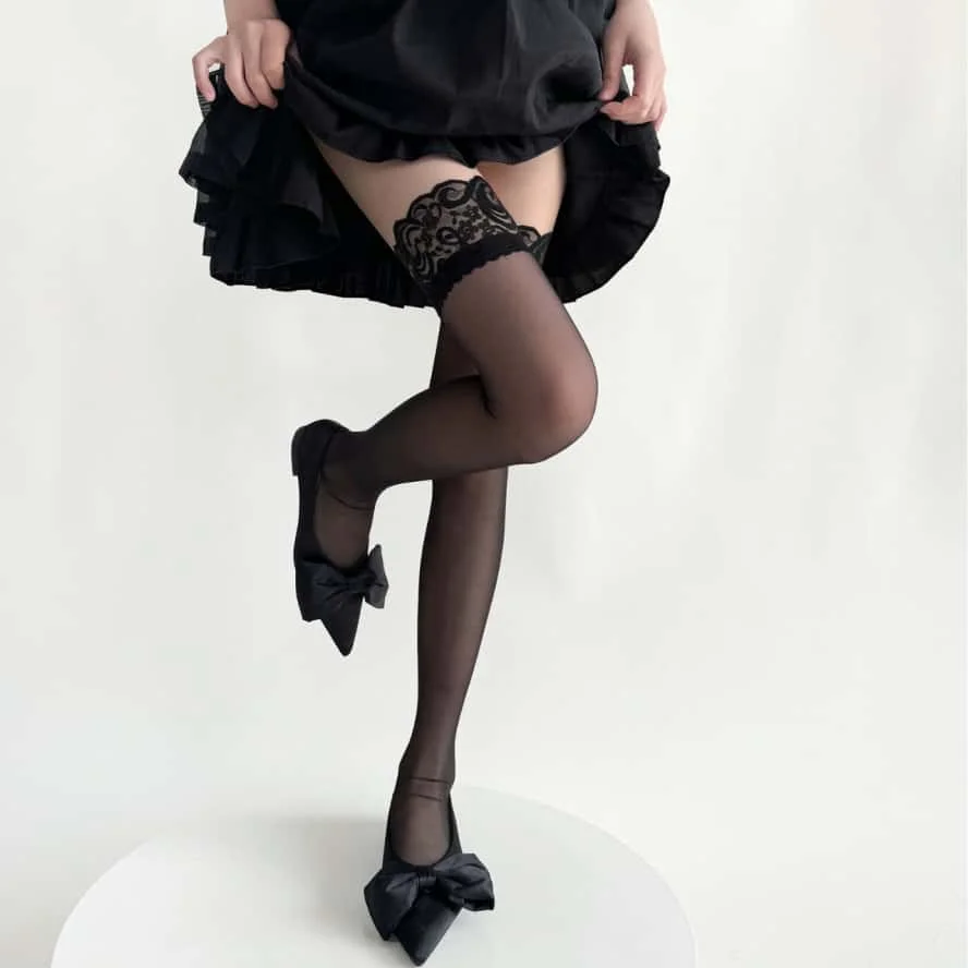 Sweet Girls Lolita Lace Floral Stockings Anti-slip Thigh High Over Knee Thin Silk Black Gothic Long Sock for Woman Plus Size XXL image 3
