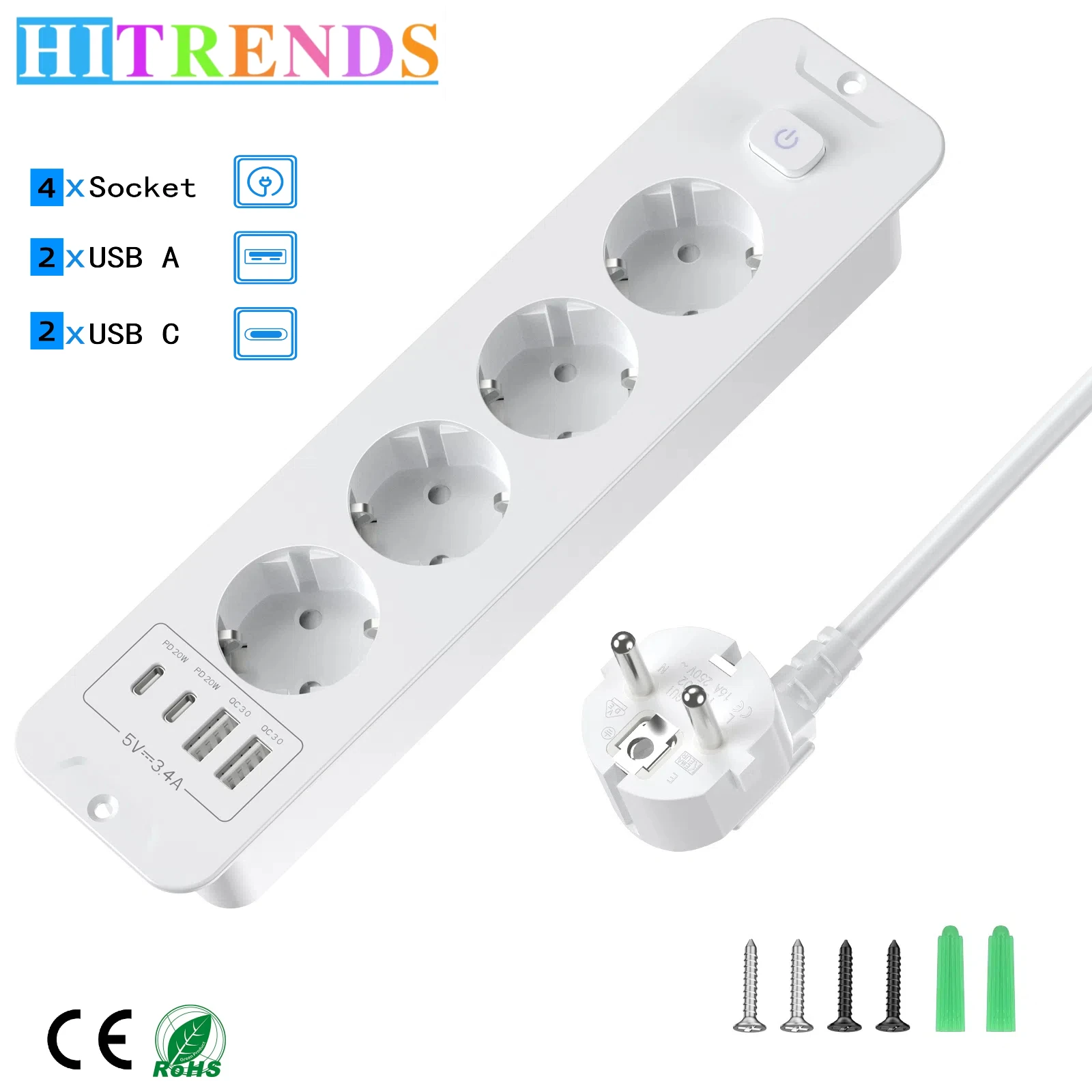 الاتحاد الأوروبي التوصيل سطح المكتب المدمج في لوحة الطاقة 4/6 التيار المتناوب مآخذ الطاقة 2 USB و 2 نوع-C محولات الطاقة مفتاح رئيسي 2 متر تمديد كابل