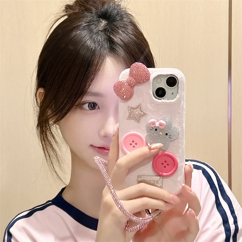 Luxury Flash Diamond Bow Kitten Plush phone case for iPhone 16Pro 14 13 15promax 12 15 pro Girl Cute cartoon Lange Star Kawaii