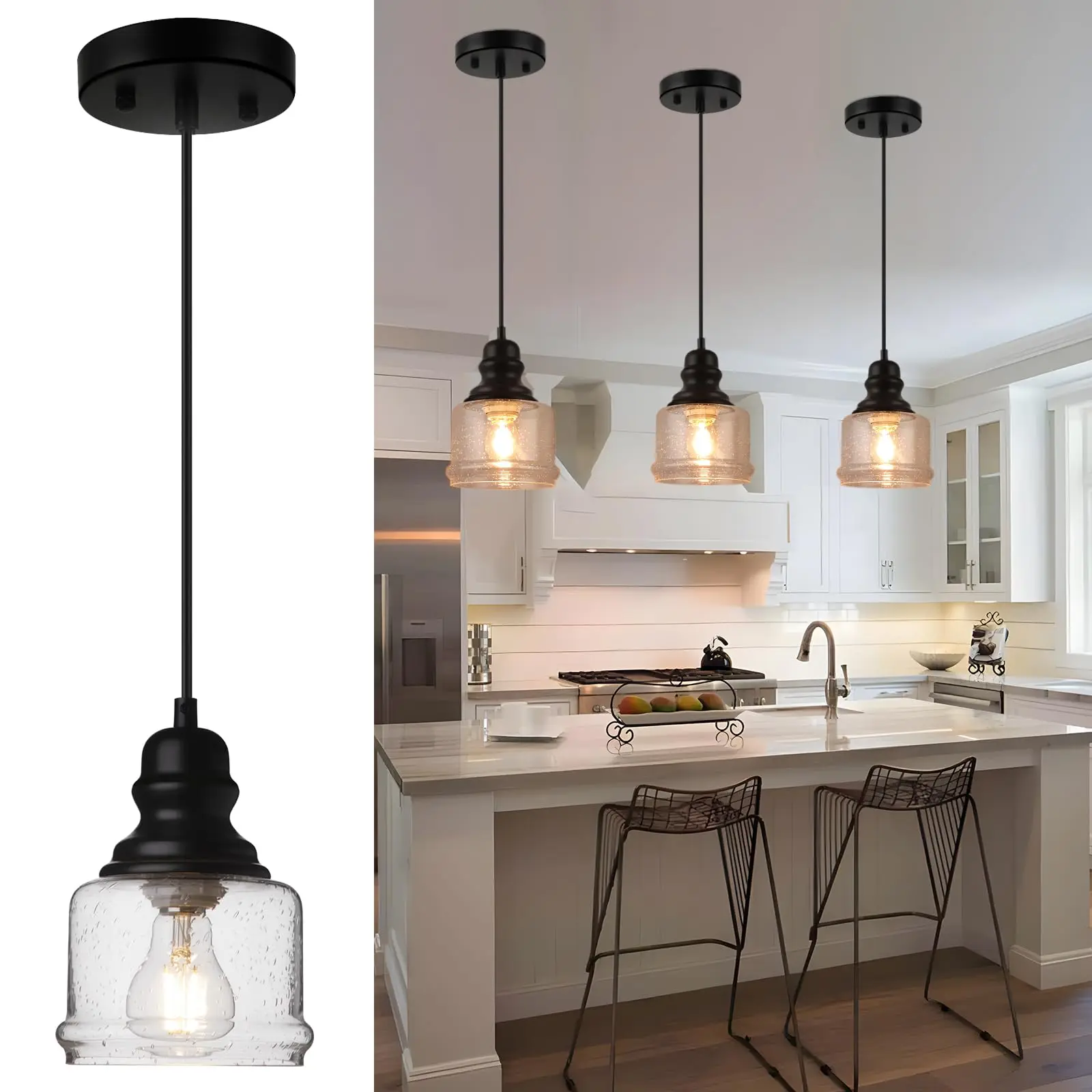 Industrial Pendant Light, 4'' Black Seeded Glass, Farmhouse Kitchen Island Lighting, Adjustable Ceiling Light for Dining Room