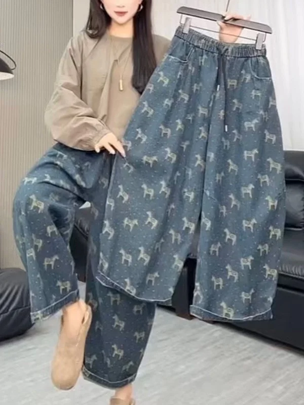 

plus Size Denim Wide Leg Pants Women's Spring Summer Slimming Meat Covering Knife Nine Points Retro Print Casual Jeans