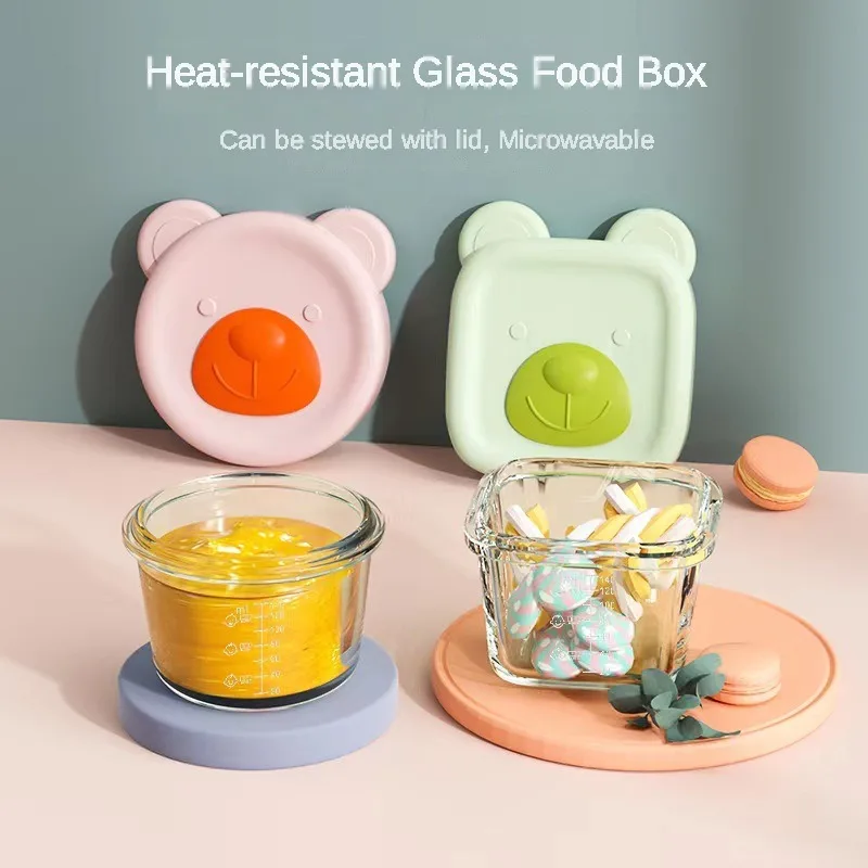 Glass lunch box Children Supplementary Food Bowl Frozen Cooking Fresh-keeping storage container with Silicone lid Portable bento