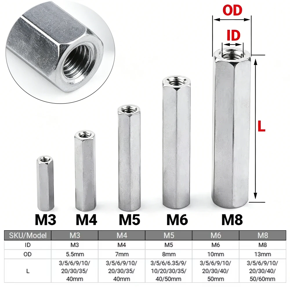 

100pcs Aluminium Threaded Hex Spacers M3/M4/M5/M6/M8 Hexagon Standoffs Extend Long Coupling Nut Connector Fasteners
