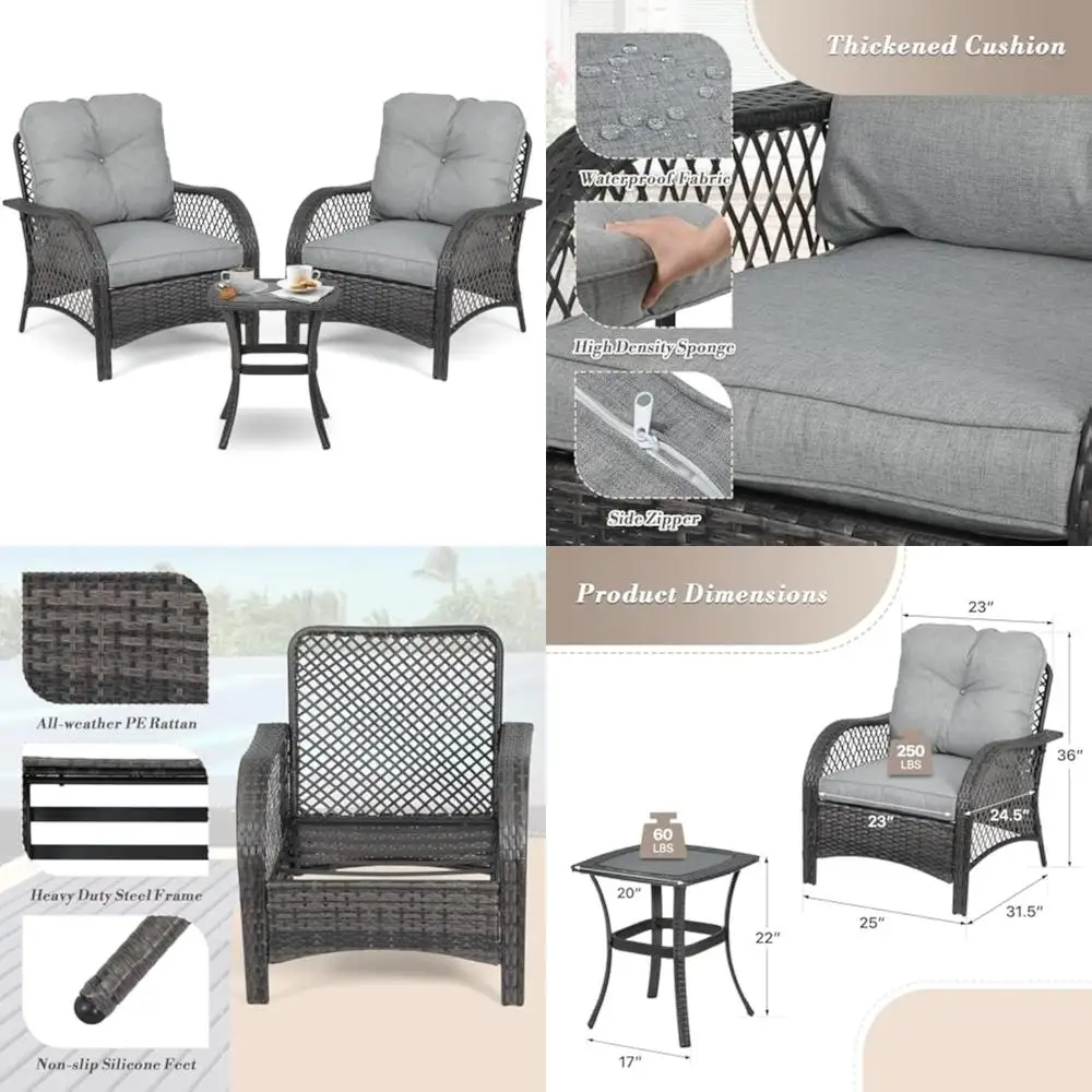 all-weather outdoor patio furniture set: 3-piece rattan sofa with cushioned seats and backrests