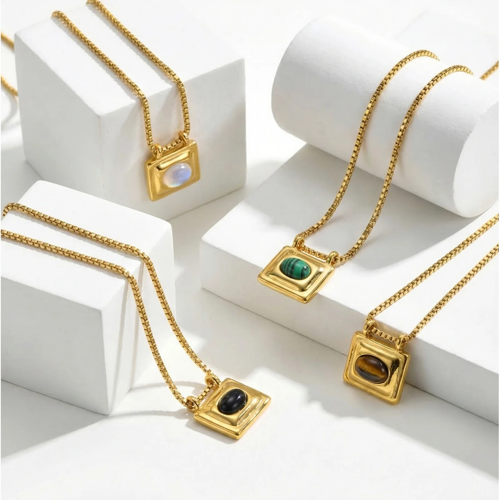 

Vnox Trendy Natural Peacock Stone Pendant Necklaces for Women Gold Plated Rectangular Opal Tiger's Eye Stones Necklace Jewelry