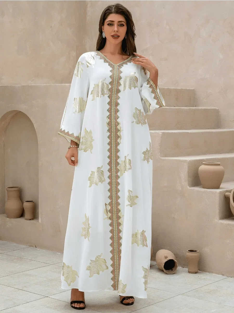 

Eid Muslim Dress for Women Party Abaya V Neck Button Abayas Arab Dubai Jalabiya Dresses Kaftan Vestidos Largos Long Robe 2024