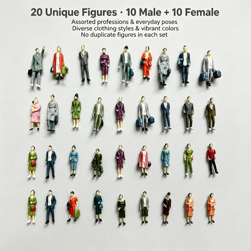20PCS 1/87 Miniature People Business Casual Dress Men Women Standing Sitting for Diorama Train Park Street Station Scenes