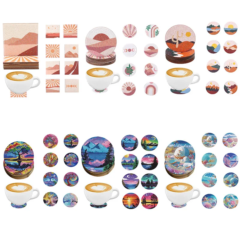 8 DIY Diamond Painting sets, round crystal diamond wooden landscape pattern heat-resistant coasters, suitable for living rooms