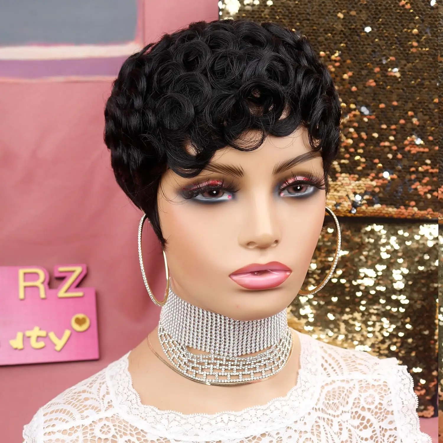 Short Pixie Wigs for Black Women Short Black Curly Pixie Wigs Synthetic Hair Wigs for Black Women Natural Wavy Black Pixie Cut W