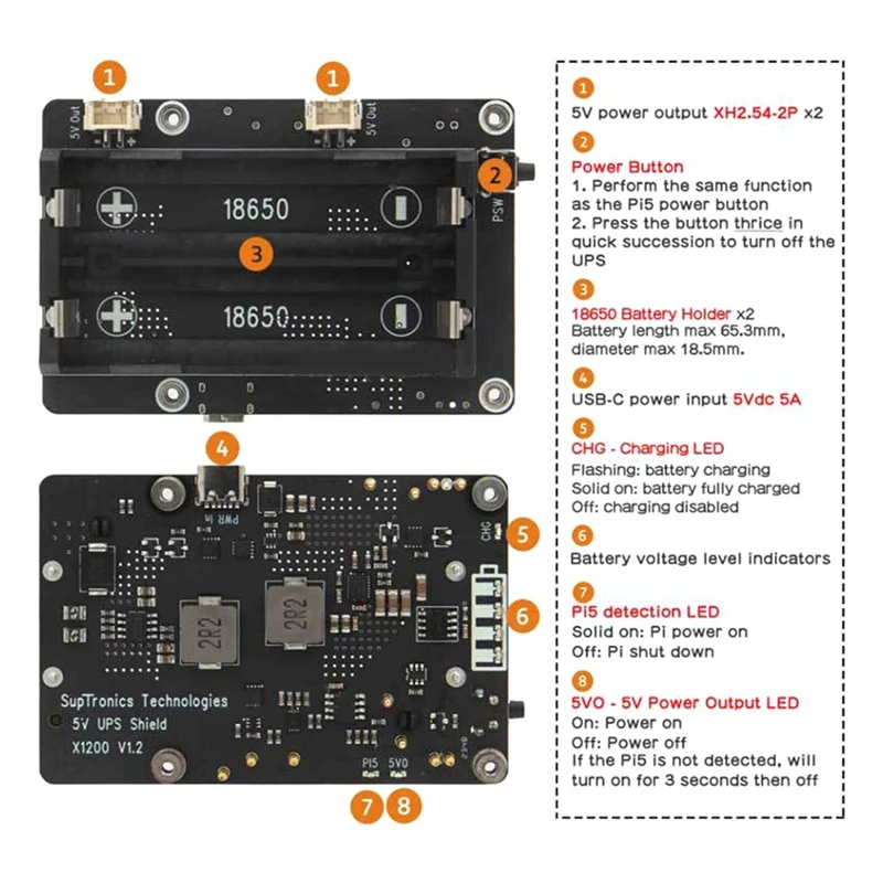 X1200 Per Raspberry Pi 5 UPS Scheda di espansione gestione dell'alimentazione per batteria 18650-Li (batteria NON inclusa)