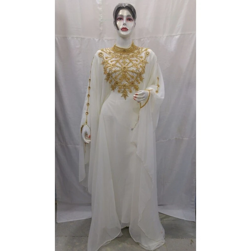 White Royal Moroccan Kaftan Farasha Beach Maxi Abaya Hand Zari Work Caftan Dress