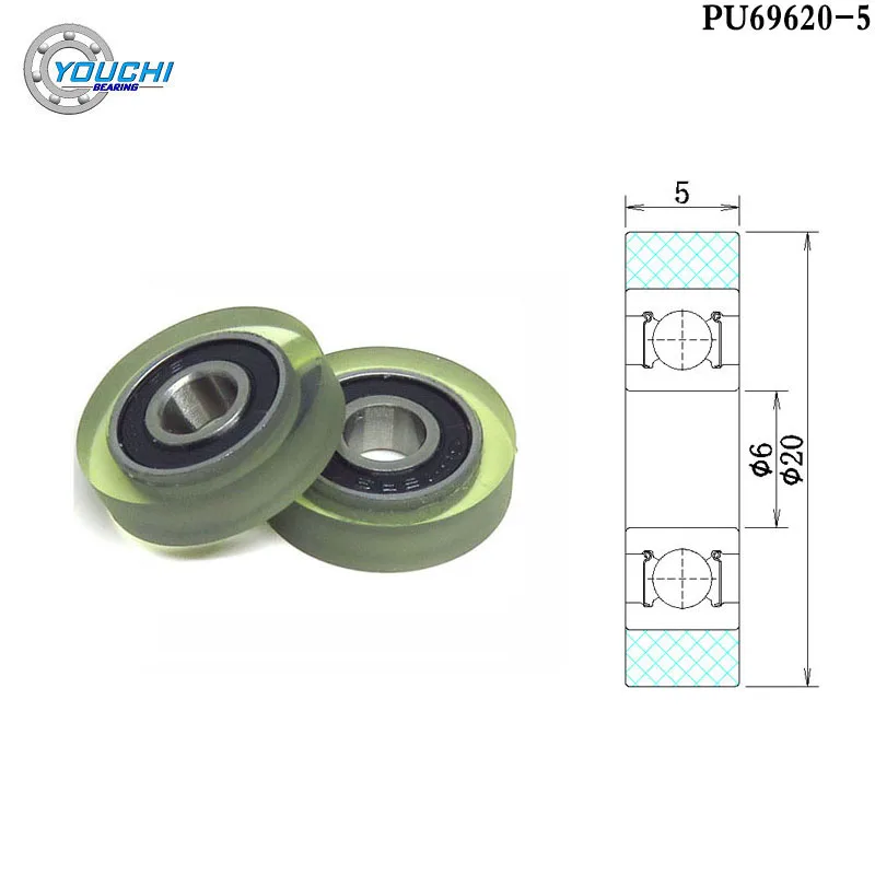 5pcs OD 20mm Polyurethane Coated  Roller With 696RS Bearing 6x20x5mm PU69620-5 PU Covered Bearings Shower Room & Door Pulley