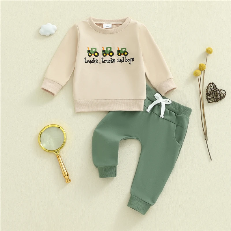 

Toddler Baby Boy Winter Fall Clothes Outfit Truck Letter Embroidered Sweatshirt and Solid Jogger Pants 2 Piece Set
