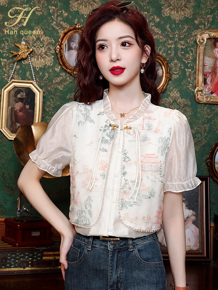 H Han Queen Women\'s Sumer Clothes Blouses Korean Chic Embroider Chiffon Blouse Work Casual Top Simple Vintage Short Sleeve Shirt