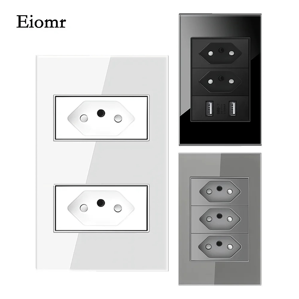 Eiomr 20A Brazil Standard Wall Power Oultet, AC 110V~250V,118mm*75mm Tempered Glass Panel, BR USB Type-C Electrical Socket