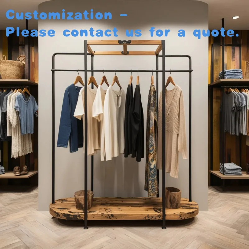 

custom.Retail Custom Stainless Steel Garment Stand Boutique wooden base Clothing Display Racks