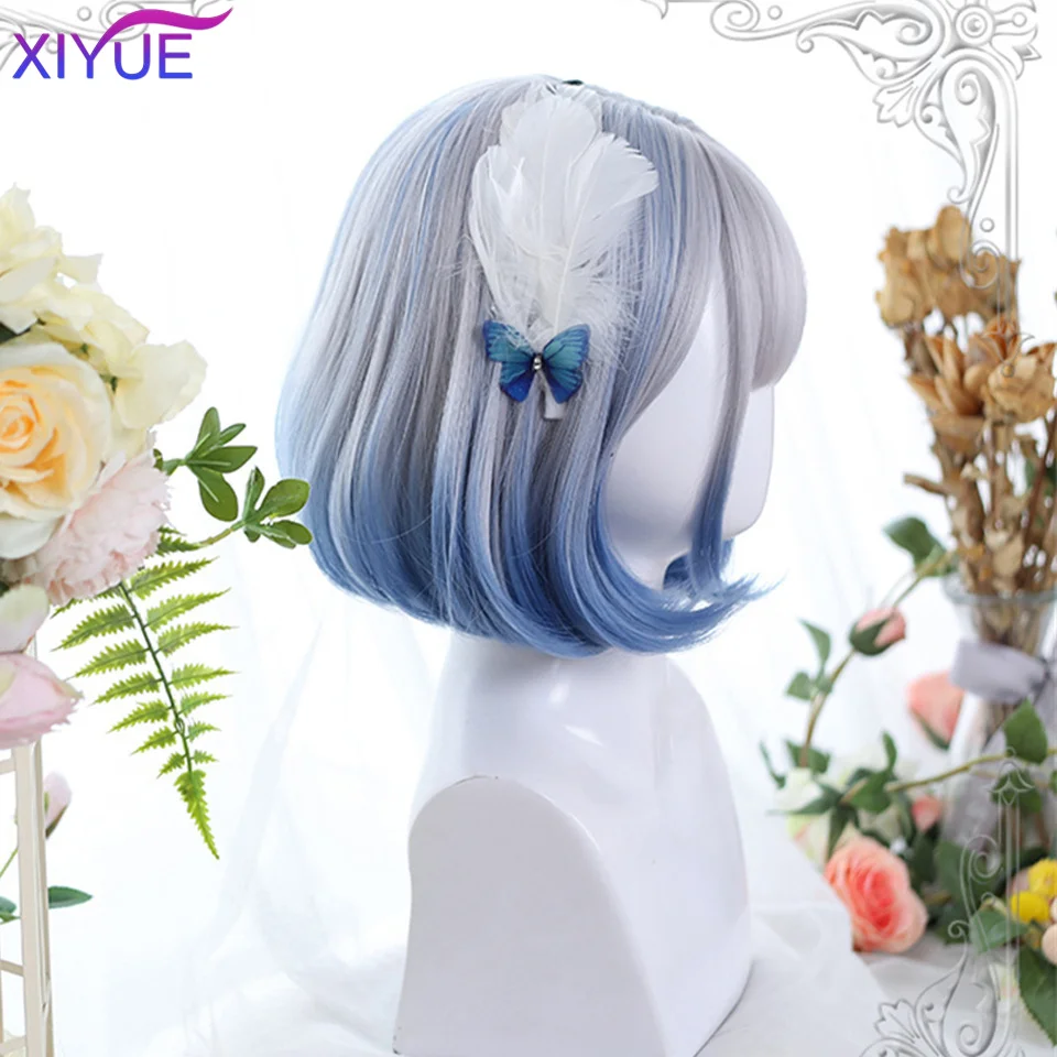 XIYUE Short Straight Synthetic Wigs for Women Silvery to Blue Ombre Bob Wigs with Bangs Daily Cosplay Party Heat Resistant Fake