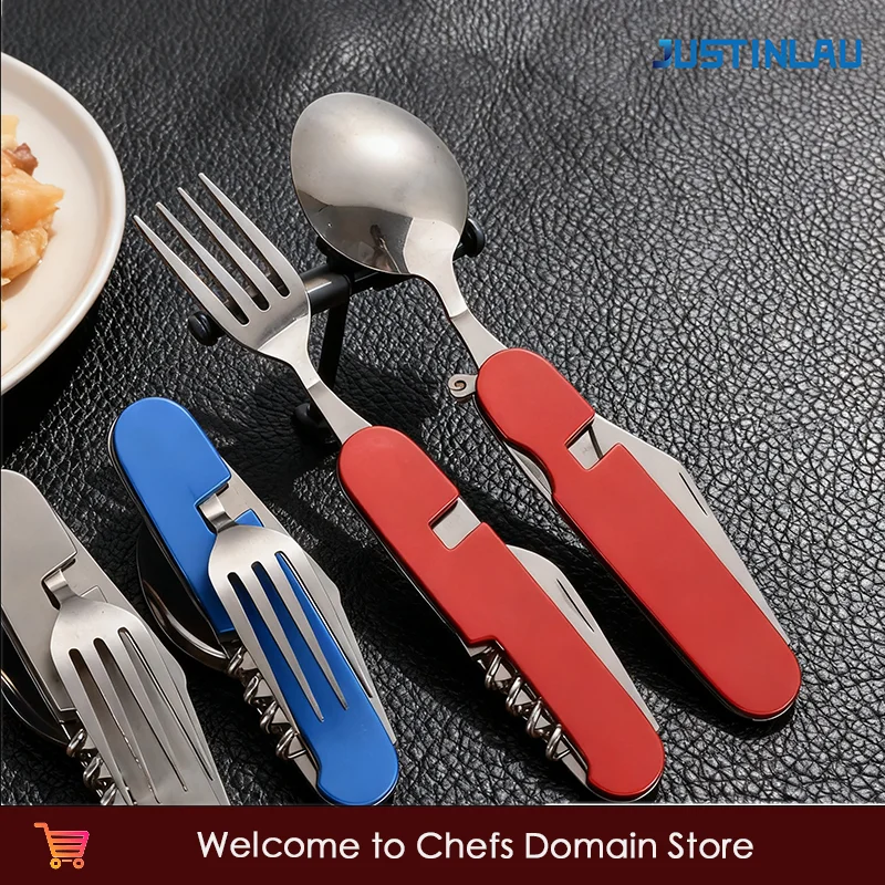 

JUSTINLAU Tablespoon Set 4 in 1 Foldable Spoon Knife Fork Bottle Opener Stainless Steel Folding Pocket Kit Outdoor Tableware Set