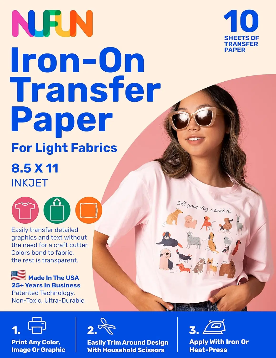 

10 Sheets Inkjet Iron-On Transfer Paper for Light Fabrics, 8.5x11, Easy DIY, Long Lasting