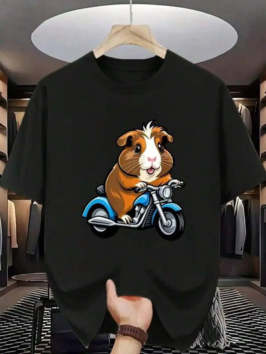 Men's Cartoon Guinea Pig Riding Blue Motorcycle Graphic T-Shirt - Soft Breathable Summer Tee, Regular Fit Top For Attire 100%