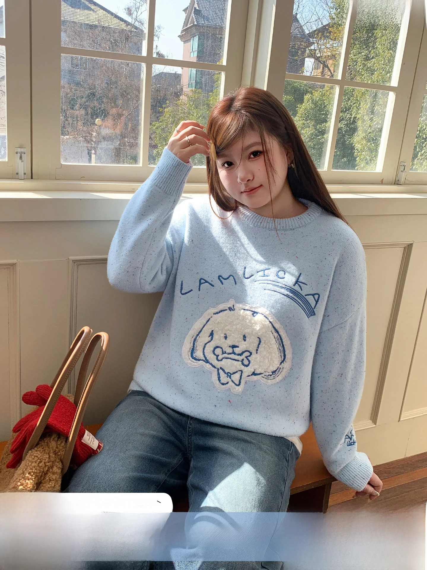 

Loose Fit Knitted round Neck Sweater Blue Cartoon Doggies by YUZI Women's Comfortable Style plus Size Inner Wear Winter Season