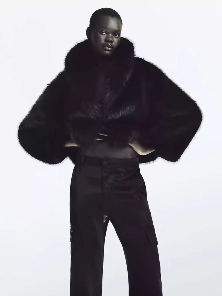 

Fall 2023 New Arrival Women's ort Jaet Loose Outerwear Artificial Fur Effect Youth Sweet Sle Long Sve Navy Collar