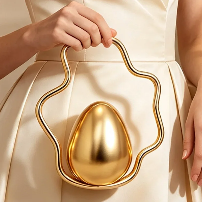 Egg Shape Wave Metal Ring Handle Evening Clutch Bag Fashion Banquet Party Handbag Elegant Wedding Purse Designer Chic Wristlet image 2