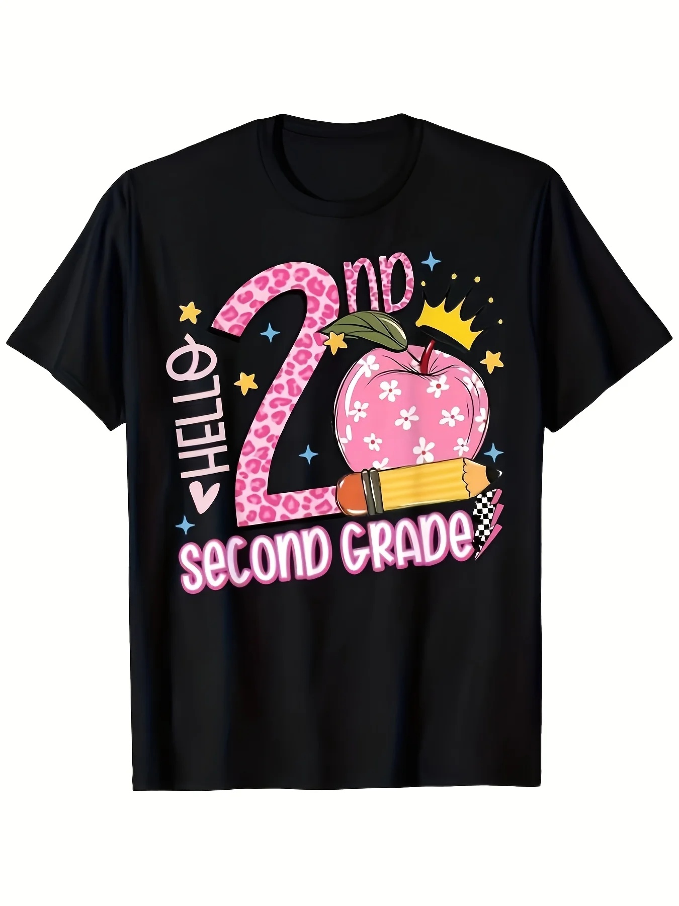 Men'S Retro 2nd Grade Teacher T-Shirt Hello 2nd Grade Number Pink Leopard Icons Back Print Soft Breathable Short Sleeve Shirt Suitable for Educators Students Parents Events  Retro Casual Short-Sleeved T-Shirt with Round Neck and Prin