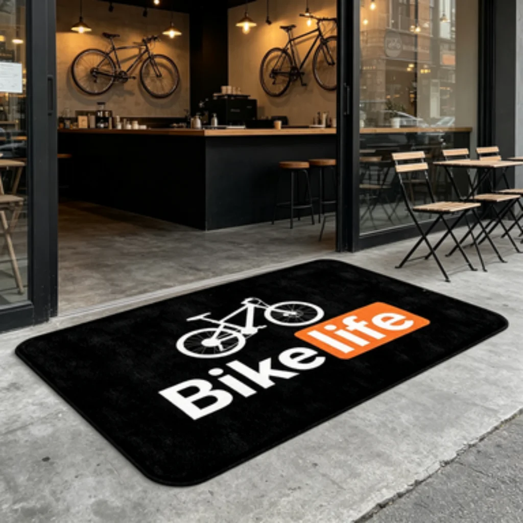 Bike Life Print Mat, Cyclist Door Mat, Bike Hub Line Mat, Wood Grain Colorful Bike Mat, Black White Bike Silhouette Rug.