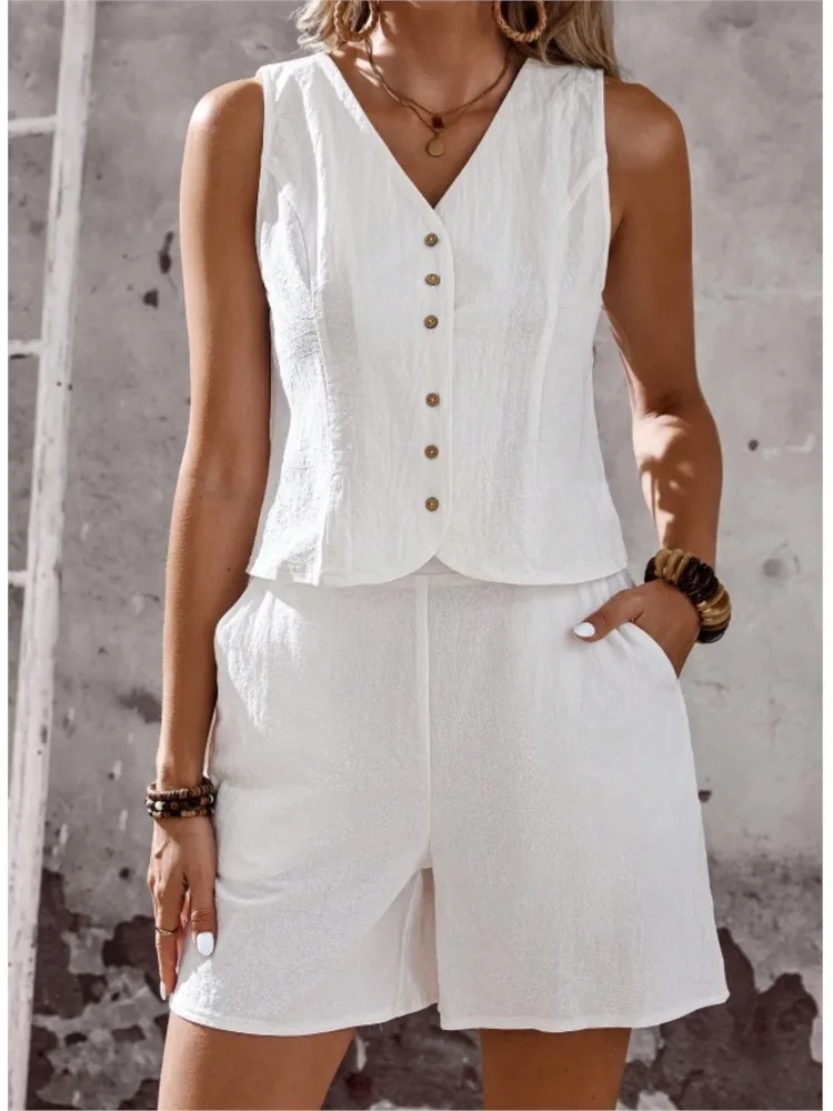 

Fashion Solid Set For Women Elegant Sleeveless V Neck Button Tops+High Waist Shorts 2 Piece Sets Lady Summer Womens Clothing New