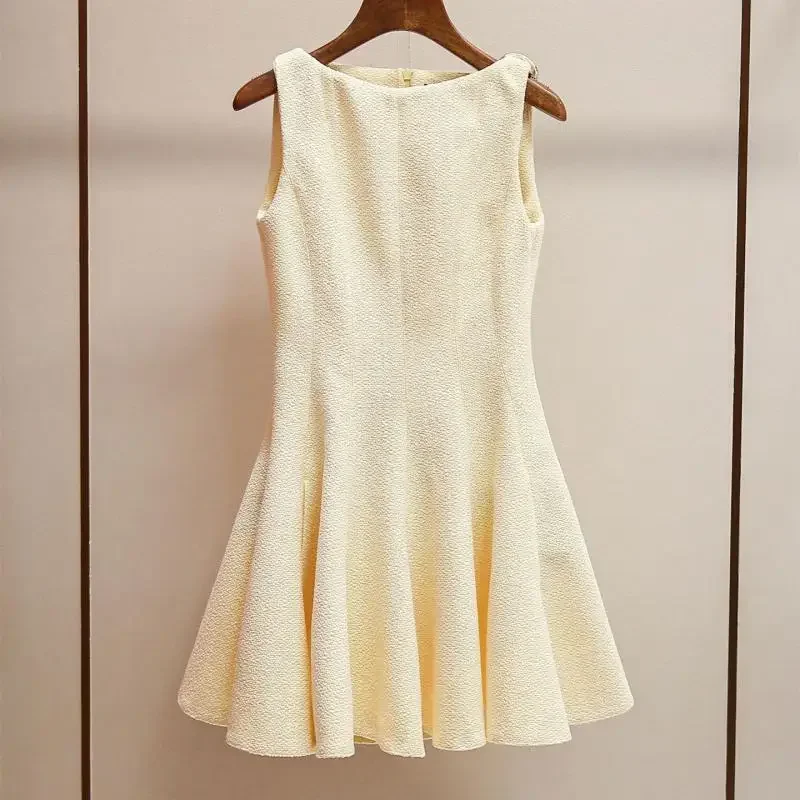 

2025 Summer Women Tweed Tank Dress Sleeveless Round Neck Pleated Female Elegant A-Line Robe