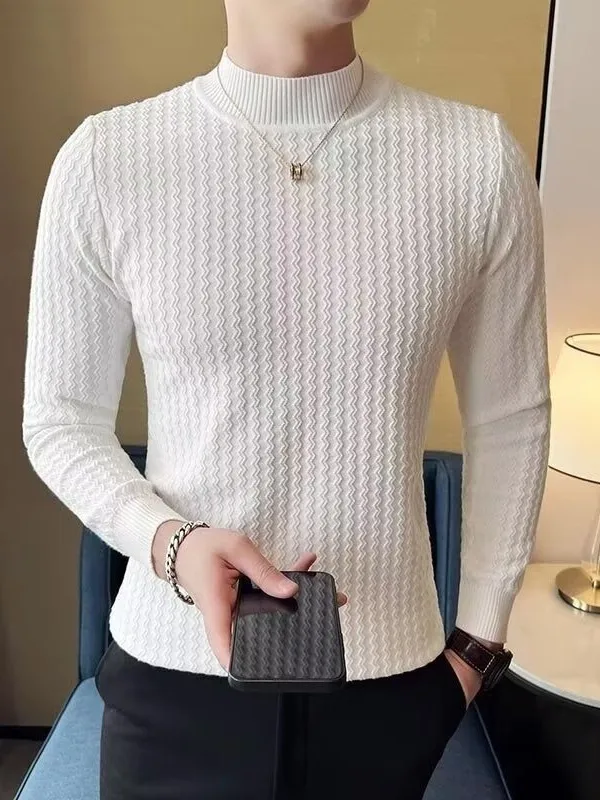 

Эластичный цвет Ele, вязаный свитер с высокой текстурой, мужской облегающий свитер, теплая основа, верх для внутренней одежды