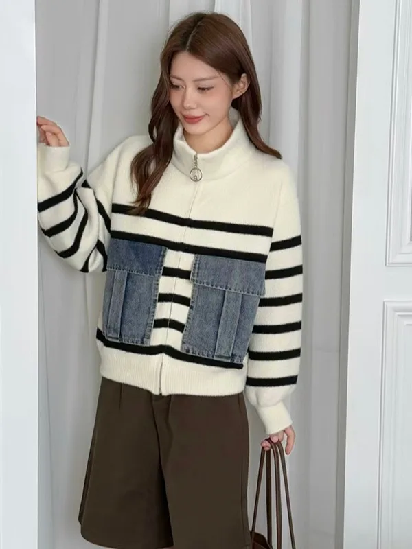 الكورية مخطط الوقوف طوق المرقعة الدنيم ثي الدافئة المرأة سترة Jaet الشتاء Faion تصميم أعلى ل 8-24 سنة #5