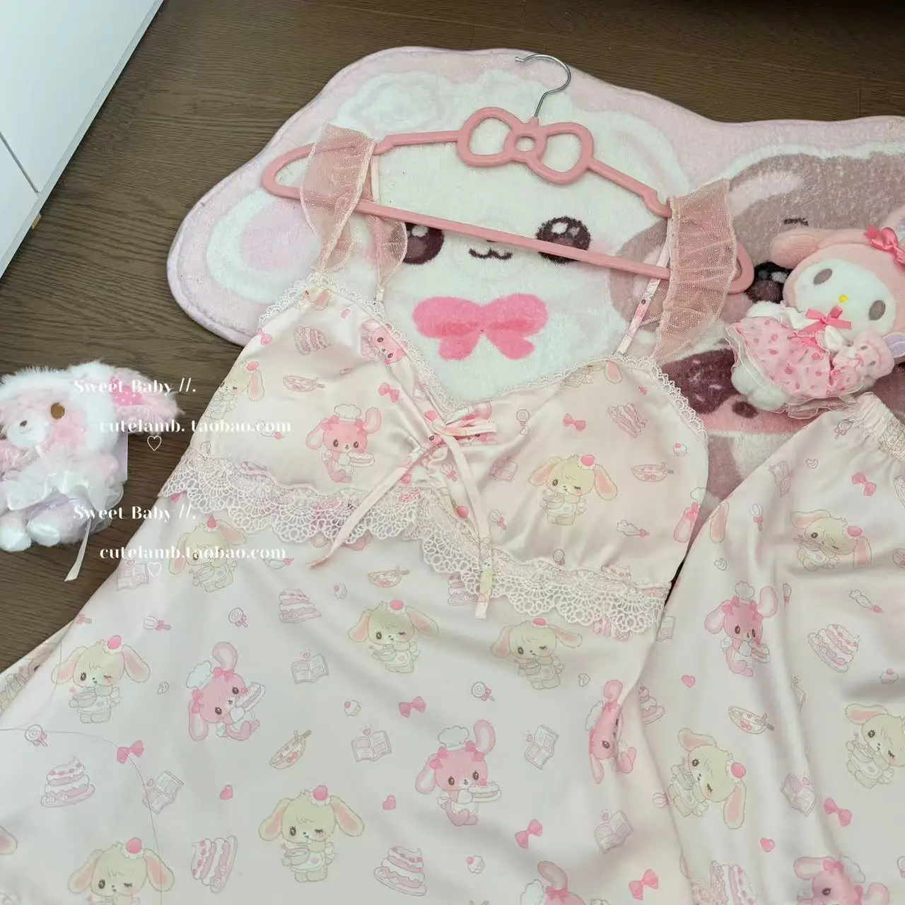 Japanese Original Sweet Girl Print Suspender Lace Pajamas Two-piece Set Cartoon Cute Skin-friendly Soft Loungewear