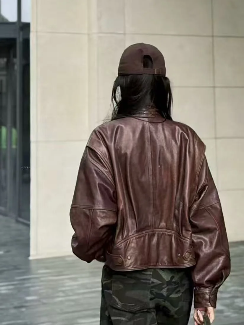 2025년 신상 여성용 천연 가죽 자켓 슬림핏 바이커 코트 패셔너블 출퇴근용 롱 슬리브 지퍼