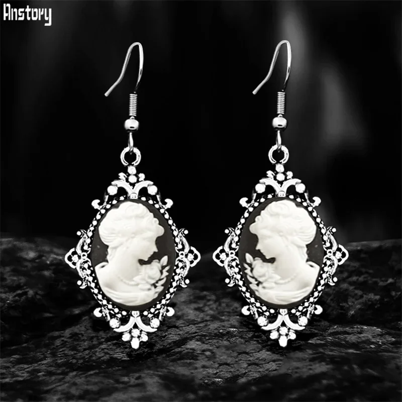 6 Colors Vintage Lady Queen Cameo Dangle Earrings For Women Antqiue Silver Plated Stainless Steel Hook Flower Pendant Earring